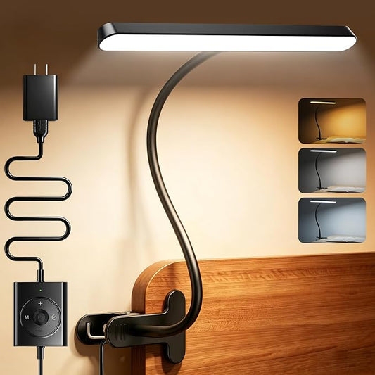 Glocusent 7W Clip on Light, 57 LED Reading Light for Bed, Amber Mode &Timer | 5 Brightness & 3 Colors for Bedside, 2.75" Desk Lamp, USB Powered Clip on Lamp for Bunk/Headboard/Table/Work/Craft