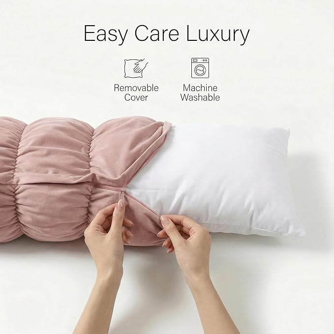 Pat. Pend. Segmented Body Pillow for Side Sleepers, 39 Inch, Pink | Small long bed pillow for adults with a removable, washable soft velvet cover; segmented design for side sleeping.