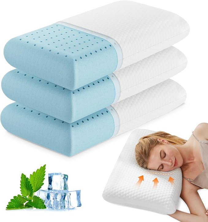 OLIXIS Memory Foam Pillow, Bed Pillows for Sleeping, Standard Size, 3 PCS | Firm and Comfortable Support, Bed Pillow for Back and Side Sleepers, Cooling Gel, Breathable Mesh & Washable Cover, White
