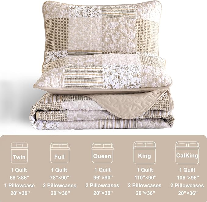 Mybedsoul Boho Quilts Queen Size, Beige Patchwork Floral Bedding Set | Soft Lightweight Microfiber Coverlet Set, 3 Pieces Plaid Reversible Bedspread, Bed Sets for All Seasons 96"x90"