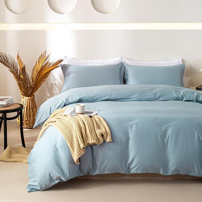 OAITE Duvet Cover Set 100% Washed Cotton Solid 3pcs | Soft,Durable,Long-staple Cotton,Hidden Zipper with 8 Interior Corner Ties,2 Pillowcases,68"X90"