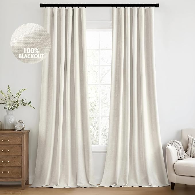 MIULEE 100% Blackout Back Tab Pleat Linen Curtains 50" Wx102 L,Grey Beige | 2 Panels,Thick Faux Linen,Textured Drapes,with Hooks,for Bedroom Living Room,Black Out,Room Darkening