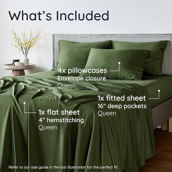 Bambaw 100% Viscose Derived from Bamboo Queen Sheet Set 6 Piece, Queen Size Cooling Sheets for Hot Sleepers, Super Soft Sheets, Deep Pockets Fits Up to 16'' Mattresses (Olive)