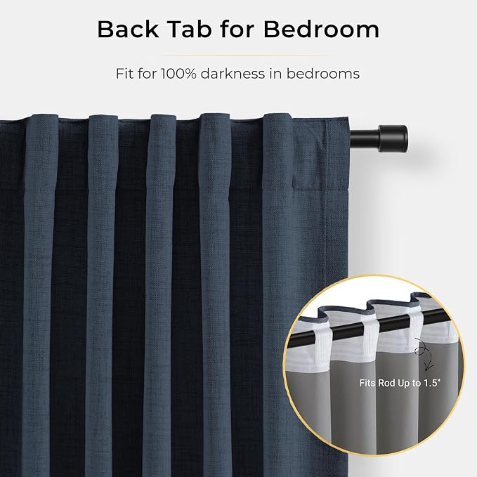 INOVADAY 100% Blackout Curtains for Bedroom Black Out Curtains 72 Inch Long | Navy Blue Curtains for Living Room 2 Panels, Clip Rings Linen Look Blackout Drapes, Thermal Insulated Room Darkening,W50xL72