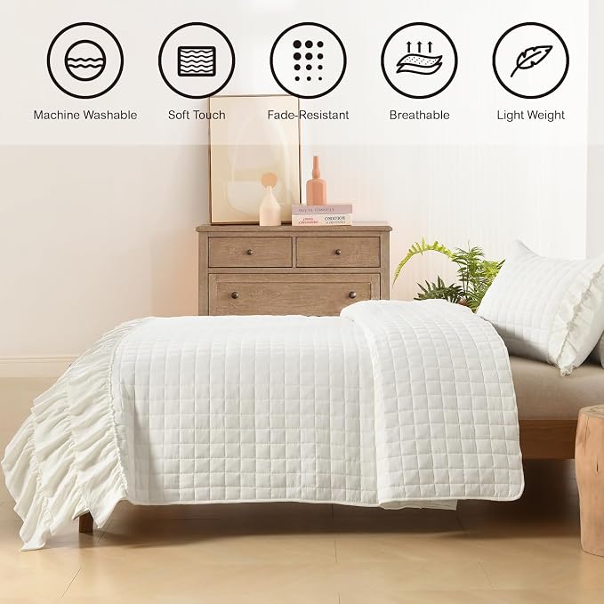 HORIMOTE HOME Ivory Ruffled Quilt Set King Size, Classic Geometric Square Stitched Pattern, Pre-Washed Farmhouse Shabby Chic Microfiber Lightweight Bedding Set Bedspread Coverlet for All Season