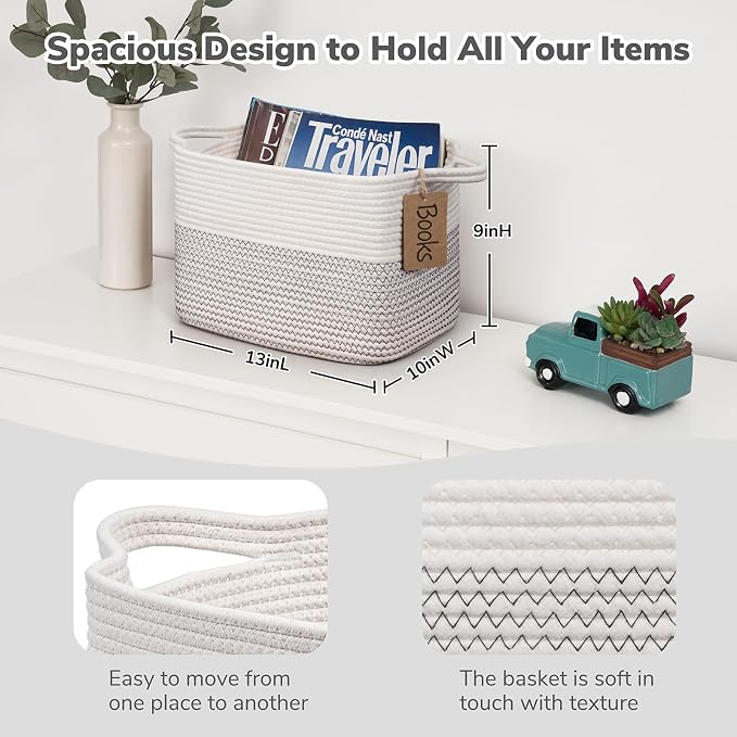 Goodpick Woven Rope Storage Basket for Shelves, Rectangle, Mix White | 13" × 10" × 9" Stylish Gift Basket for Nursery & Bedroom Organization, Cotton Rope Baskets for Toys & Baby Essentials Storage