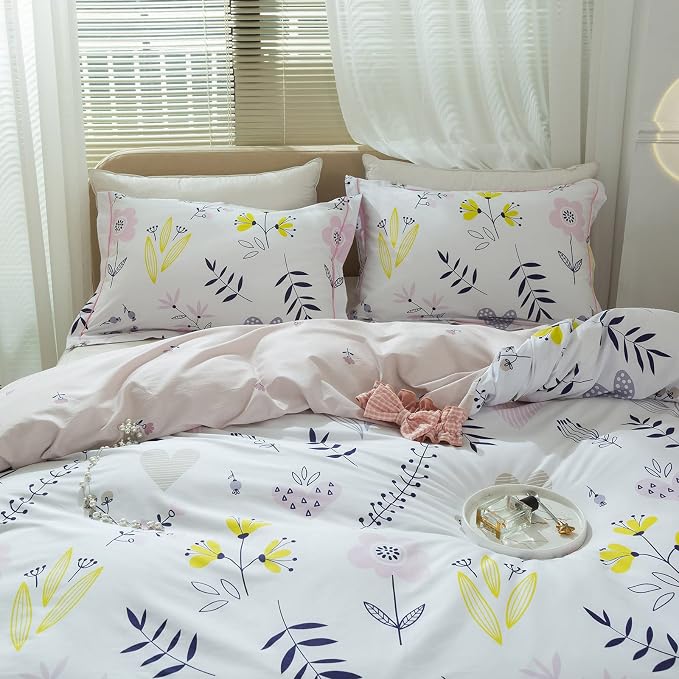 mixinni Girls Duvet Cover Twin Size Blossom Duvet Cover Cotton Flower White Floral Printed Pink Duvet Cover Set Flower Leaves Pattern Bedding with Zipper Closure for Teenage Girls