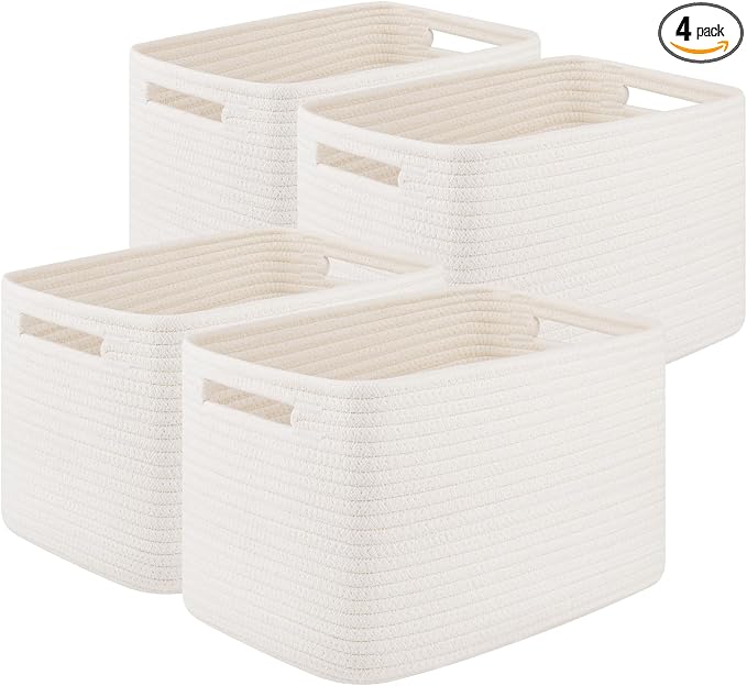 OIASKET 4Packs Natural Cotton Rope Storage Baskets for Organizing Toys, Clothes, Towels & Books, Soft Versatile Organizers for Shelves, Home Decorative Bins, 13''Lx9''Wx7.8''H, White