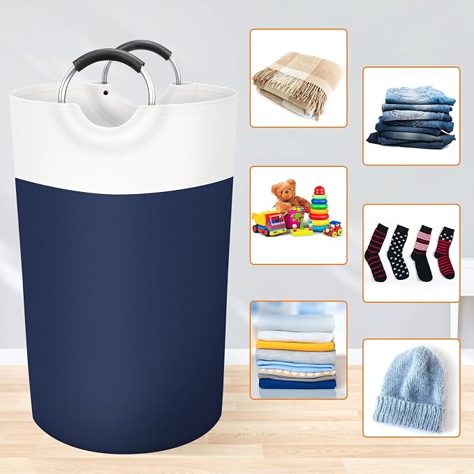BlissTotes 90L Laundry Basket, Freestanding Collapsible Hamper, Blue | Collapsible Dirty Clothes Hamper, Foldable Laundry Bag for Dorm, Waterproof Fabric, Padded Aluminum Handles