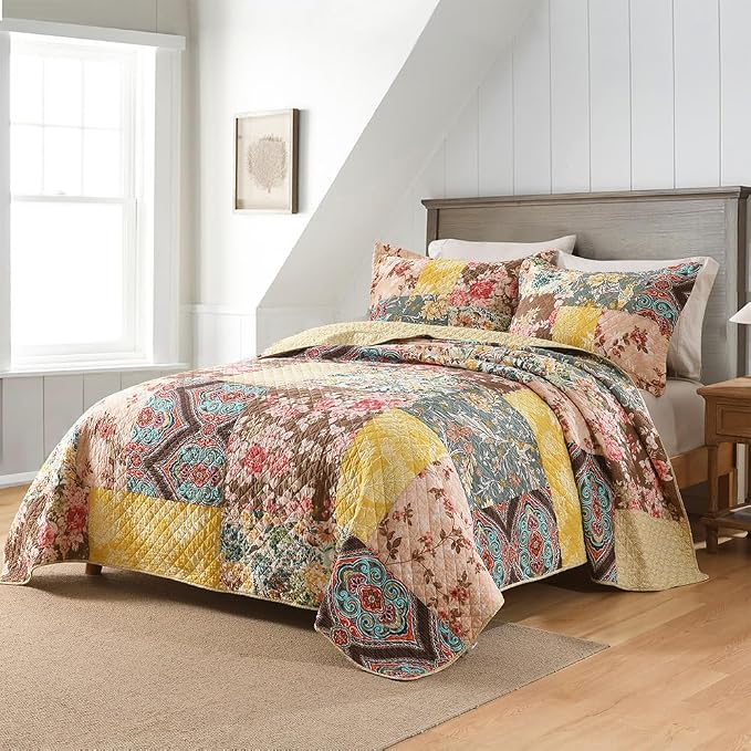 ENASAL Cotton Bedspread Quilt Sets Reversible Bedding Coverlet Sets Luxury Vintage Rustic Gorgeous Paisley Floral Yellow Real Patchwork Bedspread, Queen Size