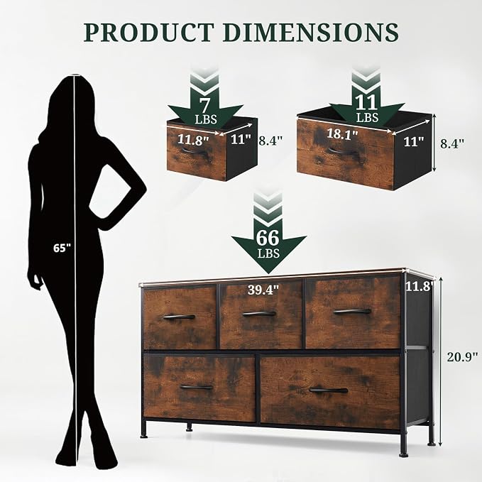 5-Drawer Dresser for Bedroom, Anti-Tip Wide Storage Organizer Fabric | Chest of Drawers TV Stand for 45" TV with Wooden Top and Metal Frame for Closet, Living Room, Hallway, Entryway, Brown