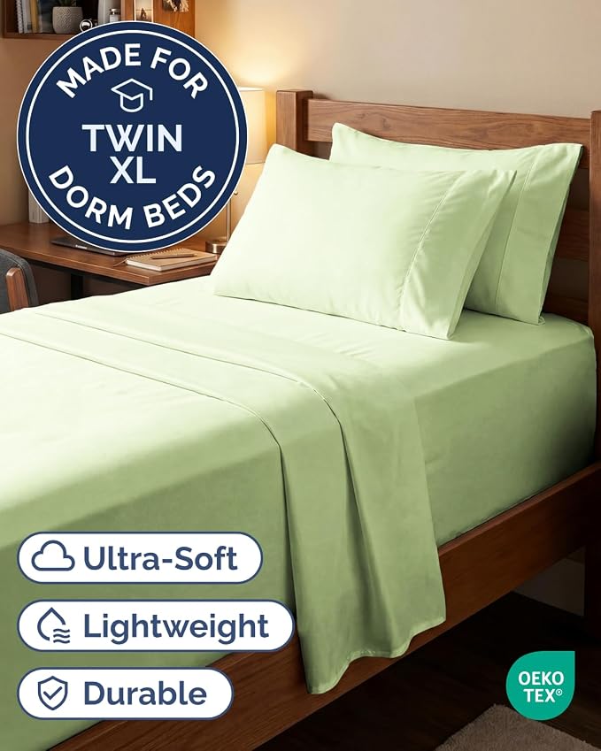 Extra Deep Twin XL Sheet Set - 4 Piece College Dorm Room - Light Sage | College Dorm Room Essentials, Easy & Secure Fit, Ultra-Soft, Wrinkle & Fade Free, Comfy Sheets Set with Extra Deep Pockets