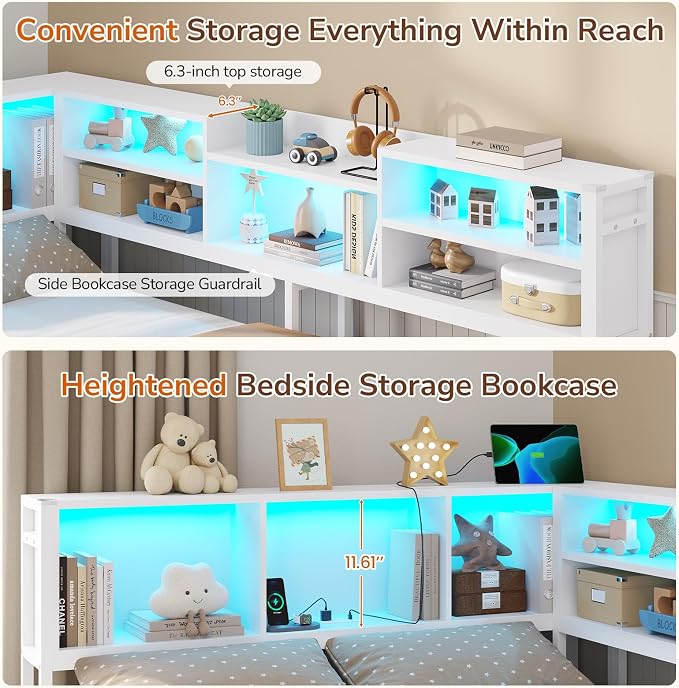 DICTAC Full Corner Bed Frame with 2 Storage Drawers and Bookcase Headboard,Full Size Metal Platform Bed Frame with Charging Station and Led Lights,Modern Full Daybed for Kids,Teen and Guests,White