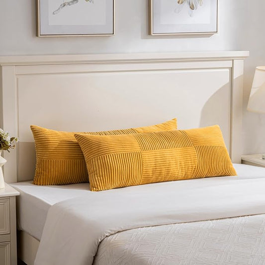 Fancy Homi Set of 2 Gold Yellow Boho Long Lumbar Body Decorative Throw Pillow Cover 14x36 Inch for Bed Couch Bedroom Bench, Soft Patchwork Corduroy Textured Pillow Case, Rustic Farmhouse Room Décor