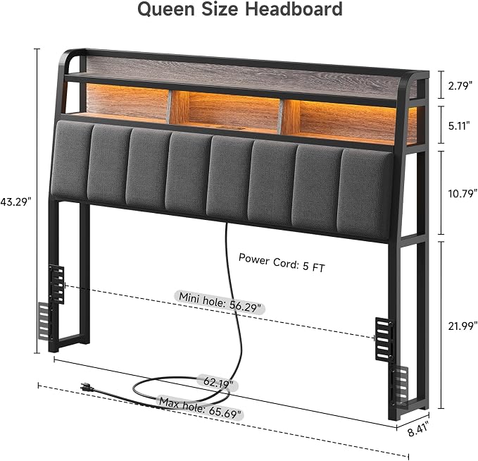 ComfyCorner Queen Size Headboard with Storage & LED Light, Black & Grey | Upholstered Ergonomic Head Board with Power Outlets & 2-Tier Storage, Queen Headboard Only, Bed Frame Mounting, Heavy Duty