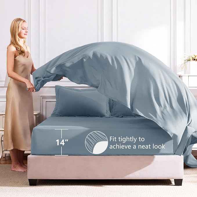 Full Size Comforter Sets Dusty Blue - 7 Pieces Complete Bedding Set | OEKO-TEX Certified, All Season, 240GSM Down-Alternative Comforter, Sheets, Pillowcases & Shams, 14" Deep Pocket, Easy Care