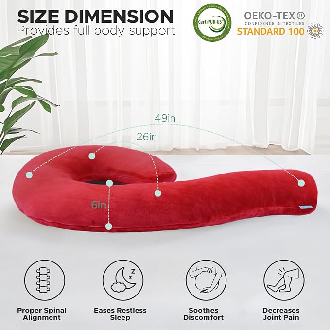 Body Pillow for Adults, Swan Shaped Pillow Insert for Sleeping, Red, 49 In | Side Sleeper Pregnancy Bed Pillow, Soft Fabric, Shredded Memory Foam and Removable Washable Cover