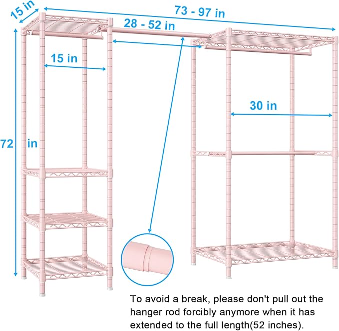 E10 Clothes Rack（With Stretchable Hanger Rod）Freestanding Clothing Racks for Hanging Clothes，Adjustable Closet Organizer System，Portable Garment Rack 73-97"W x 15" D x 72" H，Max Load 800LBS，Pink