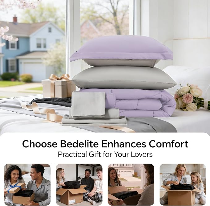 BEDELITE Twin XL Comforter Set 5 Pieces, Reversible Lavender Bed in A Bag | Soft All Season Down-Alternative Comforter, Sheets, Pillowcases & Shams, OEKO-TEX Certified Bedding for Drom Room, College