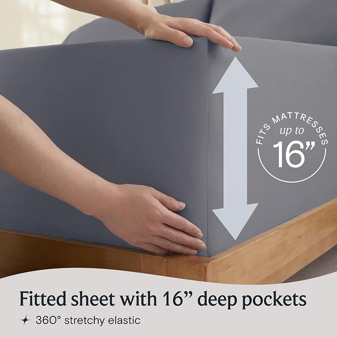 LuxClub Split King Sheets for Adjustable Bed, Deep Pocket Split King Sheets Set 5PC, Cooling Sheet Split King Size, Soft Hotel Luxury Bedding, Silky Fitted Sheet & Pillowcase Sets, Light Grey | LuxClub Silky Fitted Sheet & Pillowcase Sets, Breathable H...