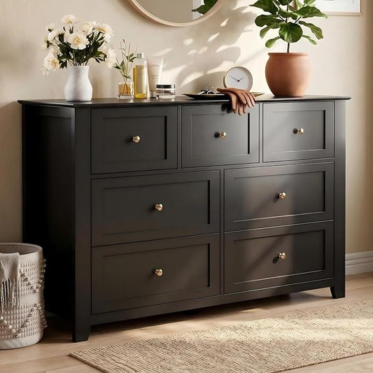 Garvee Black 7-Drawer Dresser for Bedroom, 54" Entryway Storage Organizer | Modern Lacquered Chest of Drawers for Bedroom, 15.8"D x 54"W x 31.5"H, MDF