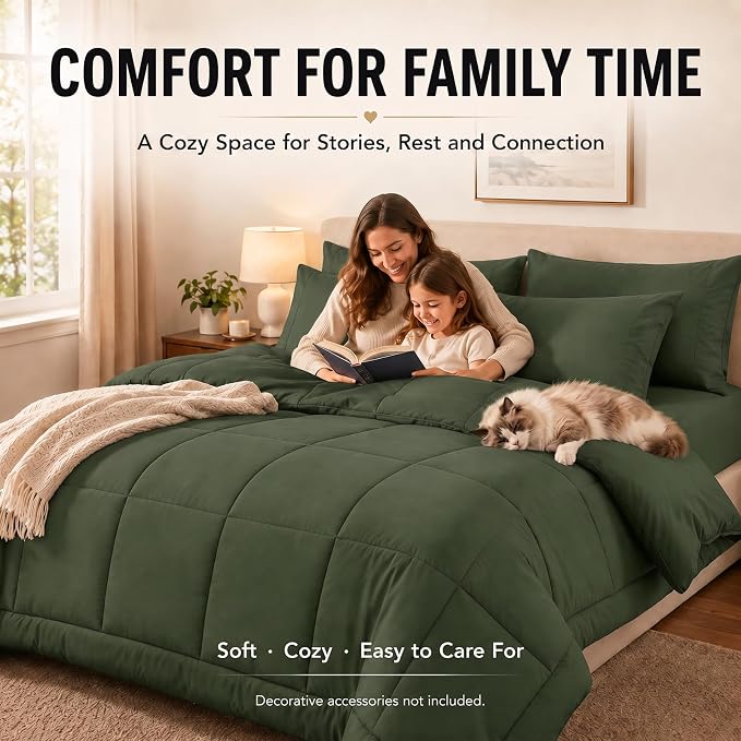 Full Size Comforter Sets Olive Green - 7 Pieces Bed in a Bag | OEKO-TEX Certified, All-Season, Bedroom, Guest Room, Down-Alternative Comforter + Flat & Fitted Sheets + 4 Pillowcases