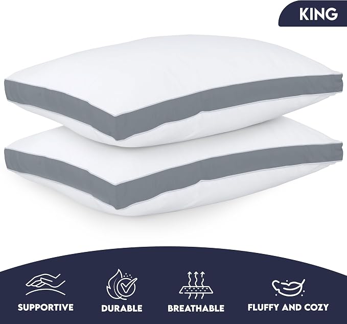 Utopia Bedding Gusset Bed Pillow, Hotel Pillows King Size Set of 2, Grey | Cotton Blended Down alternative pillows for sleeping, soft fluffy cooling comfort for Back, side & stomach sleepers, 2 pack