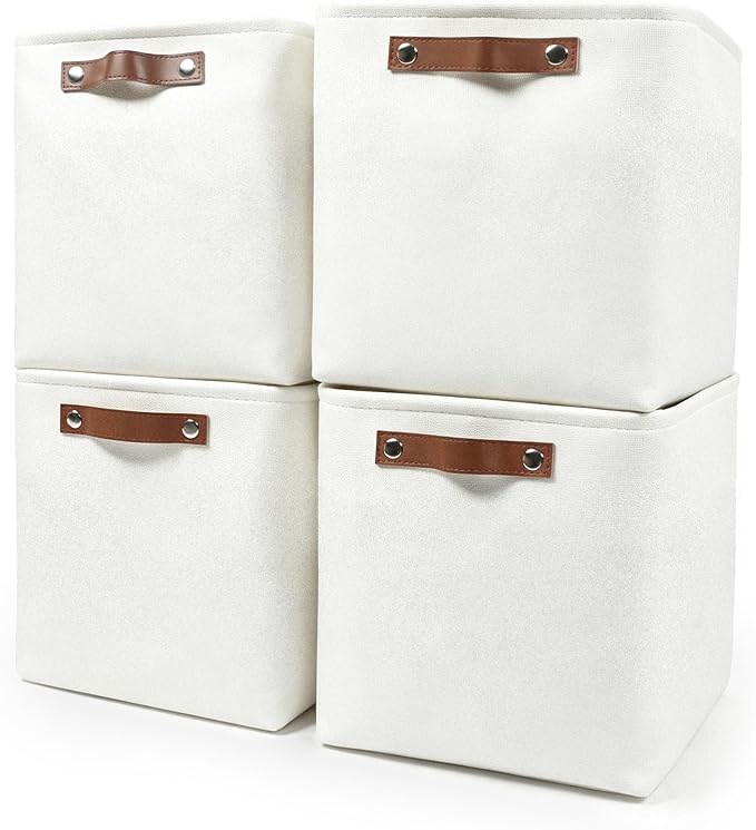 13x13 Cube Storage Bins, Collapsible Fabric Storage Box, 4 Pack Closet Baskets with Handles for Organizing, Shelf, Toys, Clothes, Home, Office, Nursery (White)