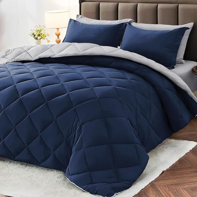 7 Pieces Oversized King Comforter Set, Reversible Bed in a Bag Oversized King Size, All Season Bedding Set with Comforter, Flat Sheet, Fitted Sheet, Pillowcases & Shams, Navy & Light Grey