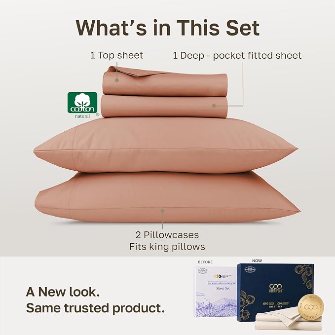 California Design Den 1000 Thread Count King Bed Sheet Set, Fresh Clay | Backed by Good Housekeeping Seal - 100% Cotton Sateen - Soft, Thick & Heavy, 16" Deep Pocket, All-Around Elastic, Durable
