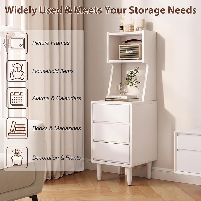Solid Wood Bookshelf Nightstand Combo, Tall Nightstand with Bookshelf | White Nightstand Bookshelf,Narrow Nightstand with Drawers,Open Shelf Bookcase,for Bedroom,Living Room,Offices