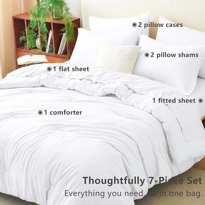 King Size Comforter Set White, 7 Pieces Bed in a Bag | OEKO-TEX Certified, All-Season, Bedroom, 240GSM Down Alternative Comforter, Flat & Fitted Sheets, 2 Pillowcases & 2 Shams