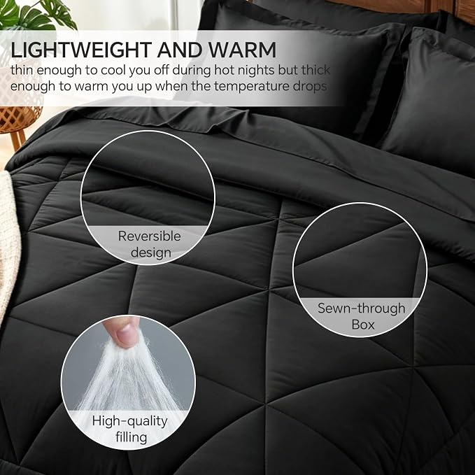 BEDELITE Twin Comforter Set 5 Pieces, Solid Black Bed in A Bag | Soft All Season Down-Alternative Comforter, Sheets, Pillowcases & Shams, OEKO-TEX Certified Bedding for Bedrrom, Guest Room