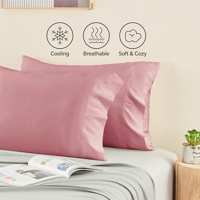 BEDELITE Pillow Cases Standard Size 2Pcs, Rayon from Bamboo, Rose Pink | Cooling and Breathable Pillow Cover for Hot Sleepers & Night Sweats, Silky Soft Cozy, Envelope Closure, 20"x26"