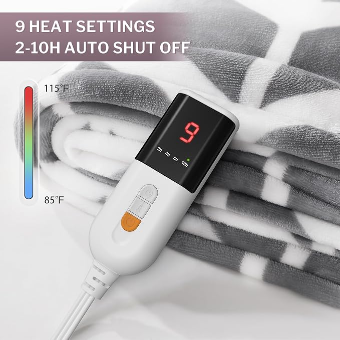 VENTIMI Heated Blanket Twin, 9 Heat Levels & 2-10 Hours Auto Off, Grey | ETL & FCC, Fast Warming, 62" × 84", Flannel and Sherpa, Couch Bed Use, Machine Washable, Removable Controller