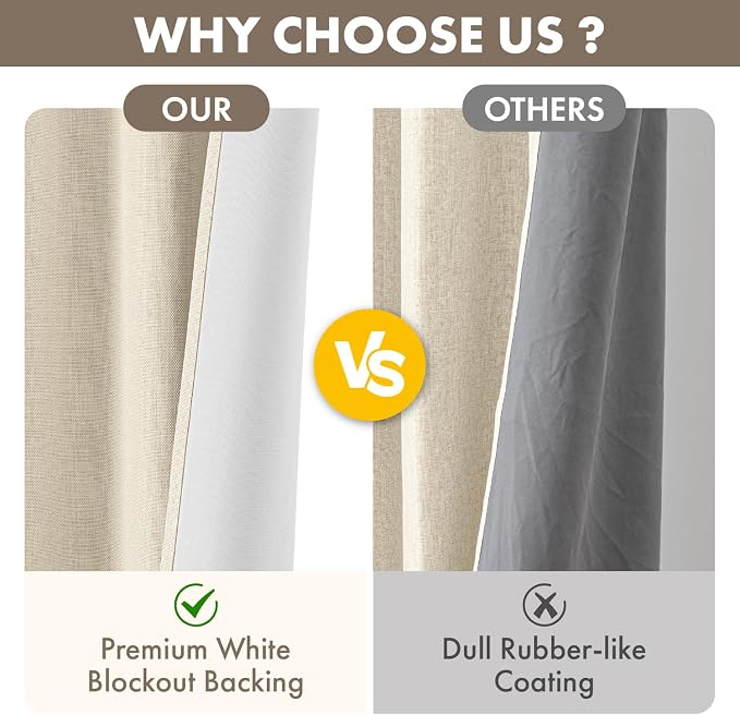 MIULEE 100% Blackout Linen Curtains for Bedroom 40W x 108L Cream Beige | 2 Panels, 108 inches Long, Thermal Insulated, Room Darkening, Black Out Drapes for Living Room, Back Tab Rod Pocket