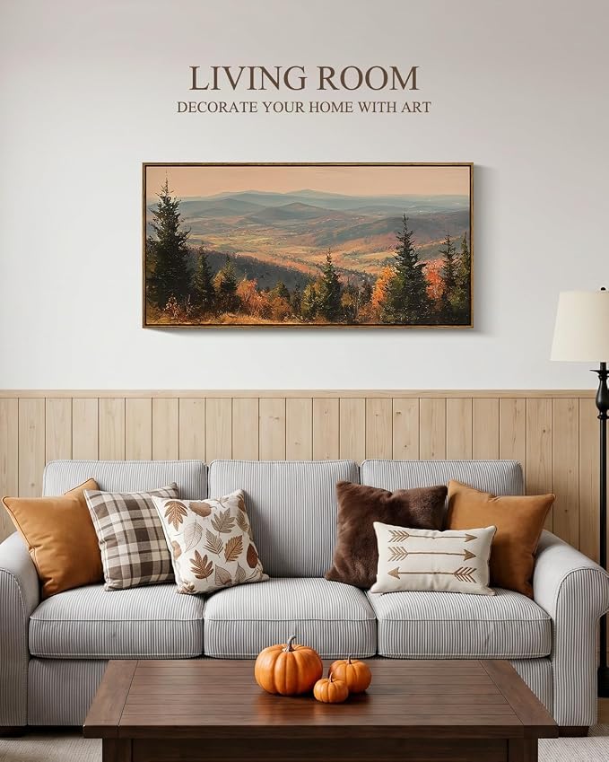 InSimSea Extra Large Framed Fall Wall Art, Autumn Mountains Forest, 20x40in | Living Room Country Farmhouse Decor, Landscape Canvas Prints, Retro Long Pictures for Bedroom Above of Bed