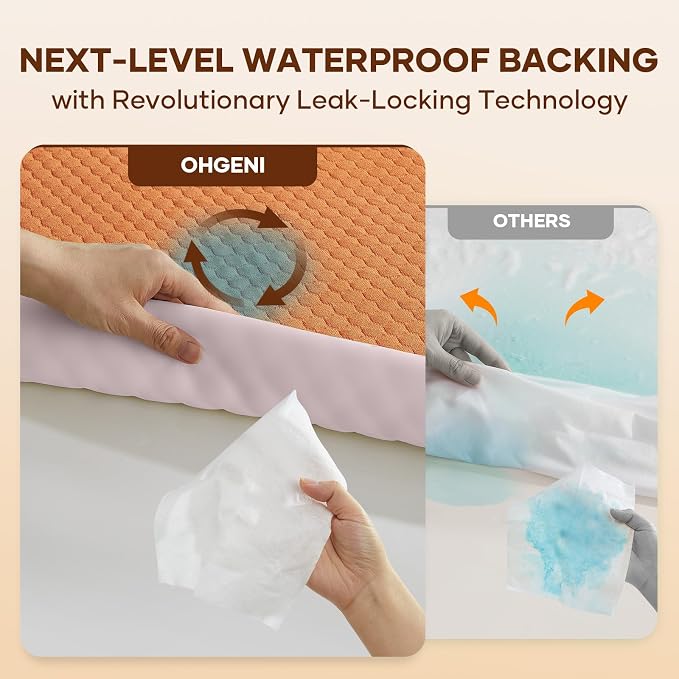 OhGeni 100% Waterproof Mattress Protector,Queen Size Mattress Soft Pad,Pet Hair & Bedwetting Resistant,Cooling Breathable Fitted Sheets,Washable Bed Cover Over 99 pcs Hex Filled Bumps,Orange