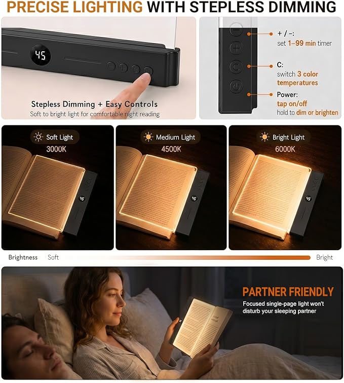 30 LED Book Light & Night Light 2 in 1, Flat Book Light Black | Rechargeable Book Page Light with 3 Color Temperatures, Stepless Dimming & 1-99 Min Sleep Timer, Ideal Gift for Readers
