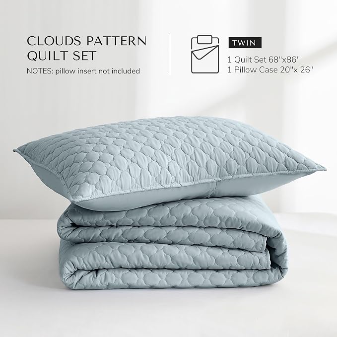 HORIMOTE HOME Quilt Twin Size Chambray Blue, Lightweight Quilt for Summer Ultra-Soft Microfiber Modern Style Quilted Clouds Pattern Bedspread Quit Set 2 Pieces (1 Quilt and 1 Pillow Sham)