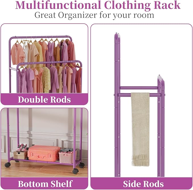 Simple Trending Clothing Clothes Rack, Double Rod Garment Rack, Purple | Portable Closet with Bottom Shelf, Anti-Slip Stoppers, 360° Lockable Wheels, Multiple Uses, Bedroom, Laundry Room