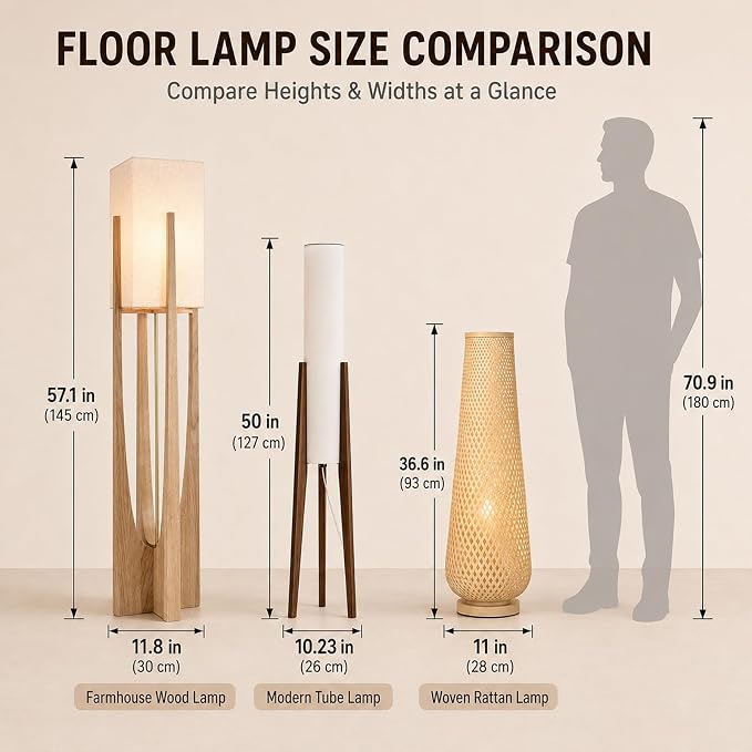 Farmhouse Style Floor Lamp,57 Inch,for Living Room | Natural Wood Frame,Linen Lampshade,Soft Ambient Glow,3000K Warm Light,Suit for Couch Bedroom,Boho Decor