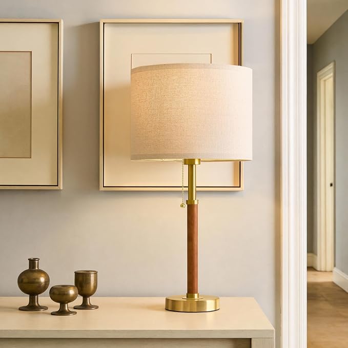 22" Wood Table Lamps Mid Century Modern Lamp for Bedroom Living Room | Bedside Lamps for Night Stands Nightstand Lamp with Pull Chain Gold Small Side End Table Lamps Set of 2 Vintage Deco Gifts