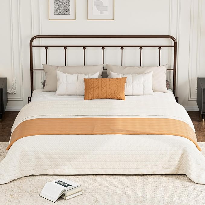 Victorian Metal King Size Headboard Only, Brown | 34"-44.6" Adjustable Height, Steel King Head Board with Bed Frame Brackets Adapter, Easy Assembly, Farmhouse Vintage Style