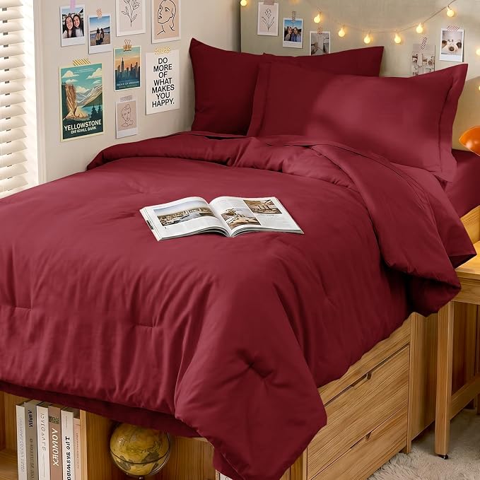 5 Pieces Twin XL Comforter Set, Soft Bed in a Bag Twin XL Size, All Season Bedding Set with Comforter, Flat Sheet, Fitted Sheet, Pillowcases & Shams, Burgundy Red