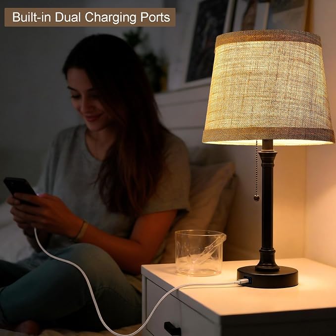 19.5" Small Table Lamps Set of 2 for Living Room Bedroom, USB A+C | Pull Chain Switch Rustic Bedside Table Lamps, Natural Shade, Small Farmhouse Nightstand Lamp for End Table & Desk Light
