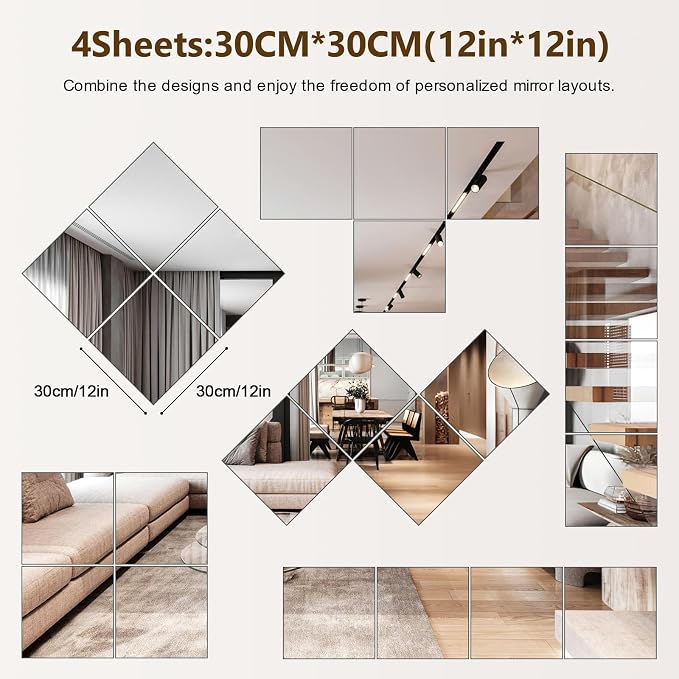Shiftshade 12 Pack Wall Mirror Full Length, 12 x 12 Inch Acrylic Mirror Tiles, Shatterproof Flexible Plastic Mirror Sheets for Bedroom Home Gym Door