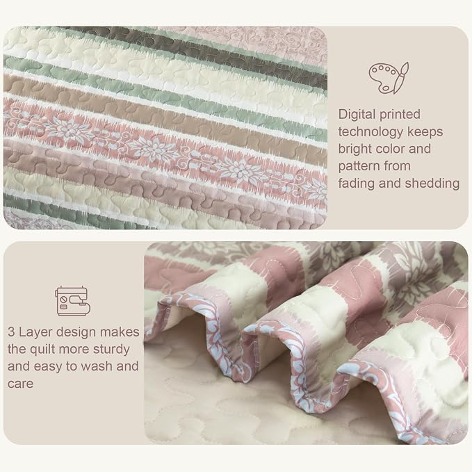 Exclusivo Mezcla Reversible Boho Quilts Queen Size Pink | Lightweight Soft Bedspreads, All Season Striped Coverlet Bedding Set, Printed Floral Pattern, 1 Quilt and 2 Pillow Shams