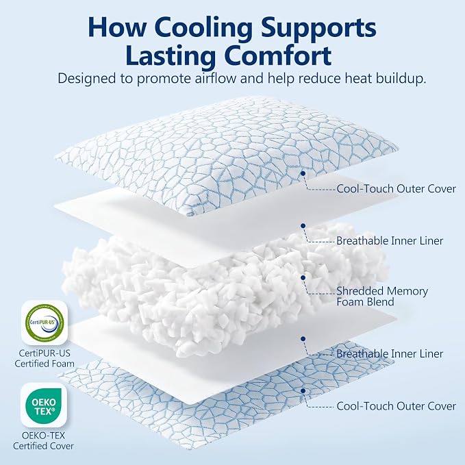 QUTOOL Enhanced Cooling Pillows for Sleeping, Shredded Memory Foam Pillows 2 Pack, Gel Bed Pillows King Size Set of 2, Support Yet Soft Pillow for Side, Back Sleepers Christmas Gifts for Women Men
