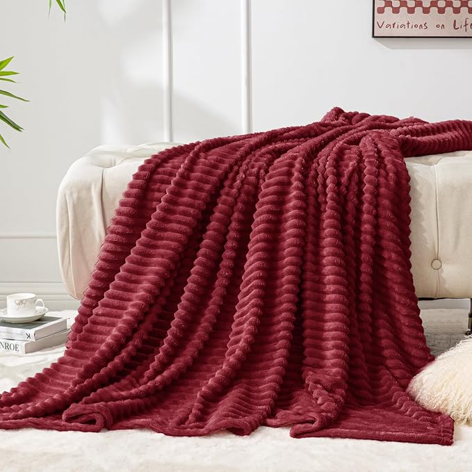 BEDELITE Ribbed Jacquard Burgundy Fleece Twin Blanket for Couch, 60x80 Inch | Soft Warm Fluffy Blanket for Bed Sofa College Dorm Room Decor, Luxury Cozy Plush Birthday Gifts for Women Girls, Lightweight